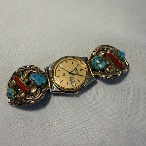 Seiko Quartz Watch & Tawa By KT 12K Gold Filled Sterling Turquoise Coral Native - Picture 2 of 11